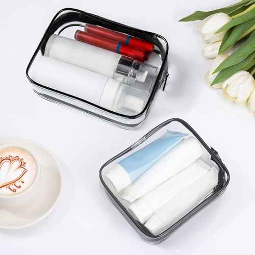 Clear Makeup Bag, 2 Pack TSA Approved Toiletry Bag for Travel Size Toiletries, Quart Size Clear Cosmetic Organizer bag for Women Men, Carry on Airport Airline Compliant Bag(Black-2pcs)