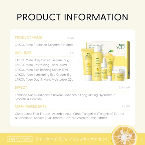 LAIKOU Skin Care Set, Gifts for Women, Skin Care Routine Kit for Women, Skincare Gift Set with YUZU Cleanser, Toner, Serum, Eye Cream, Face Cream Mother's Day Christmas Birthday Daughter Wife