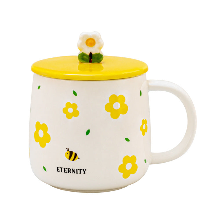 Cute Girl Heart Ceramic Coffee Cup with Lid & Spoon - Blue, 301-400ml