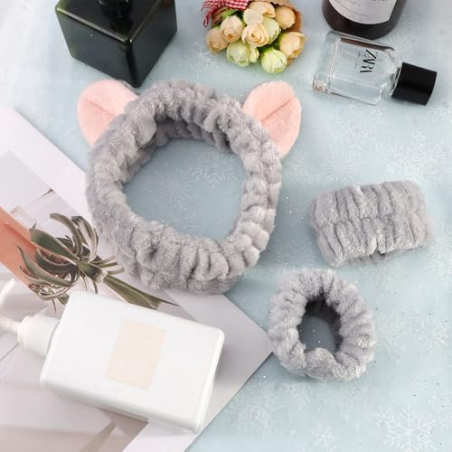 Cat Ears Headband, 3PCS Cute Spa Headbands and Wristband Set, Animal Ears Headbands for Washing Face Soft Elastic Skincare Headband Makeup Facial Hairband for Women Girls, Grey
