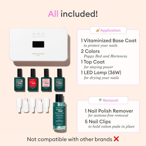 Manucurist - New Green Flash Slim Gel Nail Polish Kit - 36W LED Lamp with Base Coat + Top Coat + 2 Colors: Poppy Red Polish & Pale Pink Hortencia + Remover + Nail Clips - Christmas Gifts for Women