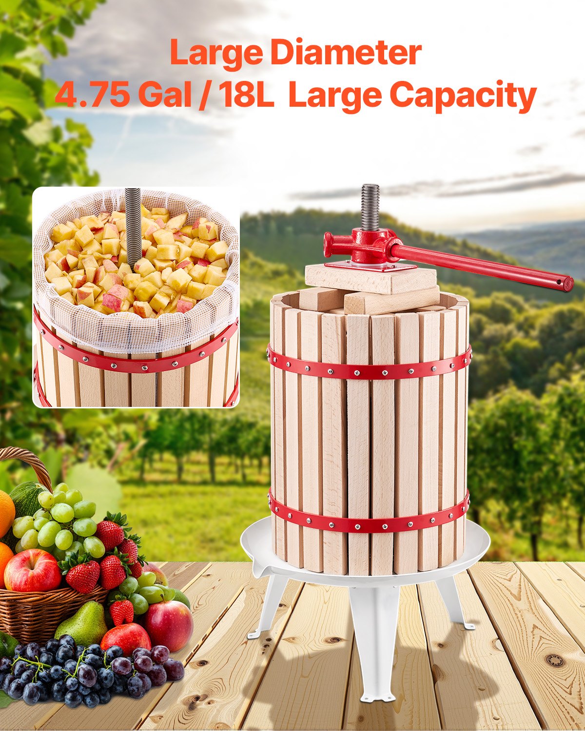 Manual Fruit Wine Press - 4.75 Gallon Beechwood Basket