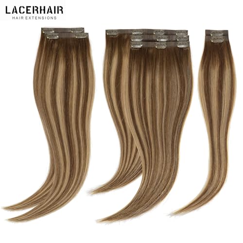 Lacer Hair Natural Balayage Hair Clip in Extensions Invisible PU Skin Weft 20 Inch Ombre Chocolate Brown to Caramel Blonde 7pcs 110g Seamless Silky Straight Hair Extensions Clip in Full Head R#4-4/27