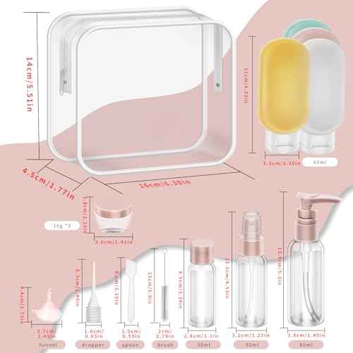 16 Pack Travel Bottle Set for Toiletries, Travel Containers for Toiletries With Clear Zipper Toiletry Bag, Leak Proof Refillable Squeezable Travel Toiletries Bottles for Skincar Lotion Shampoo