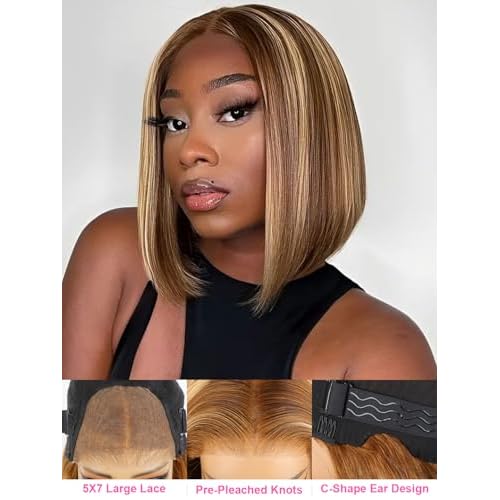 ORIGINAL QUEEN Short Straight Wigs 5x7 Wear and Go OQ Hair Glueless Wigs Human Hair Pre Plucked Pre Cut Pre Bleached Highlight Blonde Bob Straight Wigs for Women 4/27 Color 10Inch