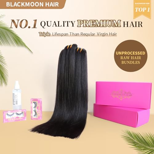 BLACKMOON 16a Raw Indian Hair Bundles 100% Unprocessed Raw Human Hair Straight Bundles Triple Lifespan Than Regular Virgin Hair 20 Inches Double Weft 100g/Bundle Natural Black