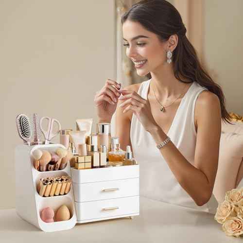 HBlife Makeup Organizer with Brush Holder for Vanity, Large Plastic Bathroom Countertop Organizer Skin Care Storage, Easy to Store Lipsticks, Nail Polishes, Perfumes, Eyeshadow Palettes, All White