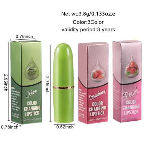 BINGBRUSH Aloe vera Color Changing Lipstick,Moisturizer Long Lasting Lip Care Magic Lip Gloss,Makeup Lipstick Set (3pcs Aloe+Strawberry+ Peach, 3 Count (Pack of 1))