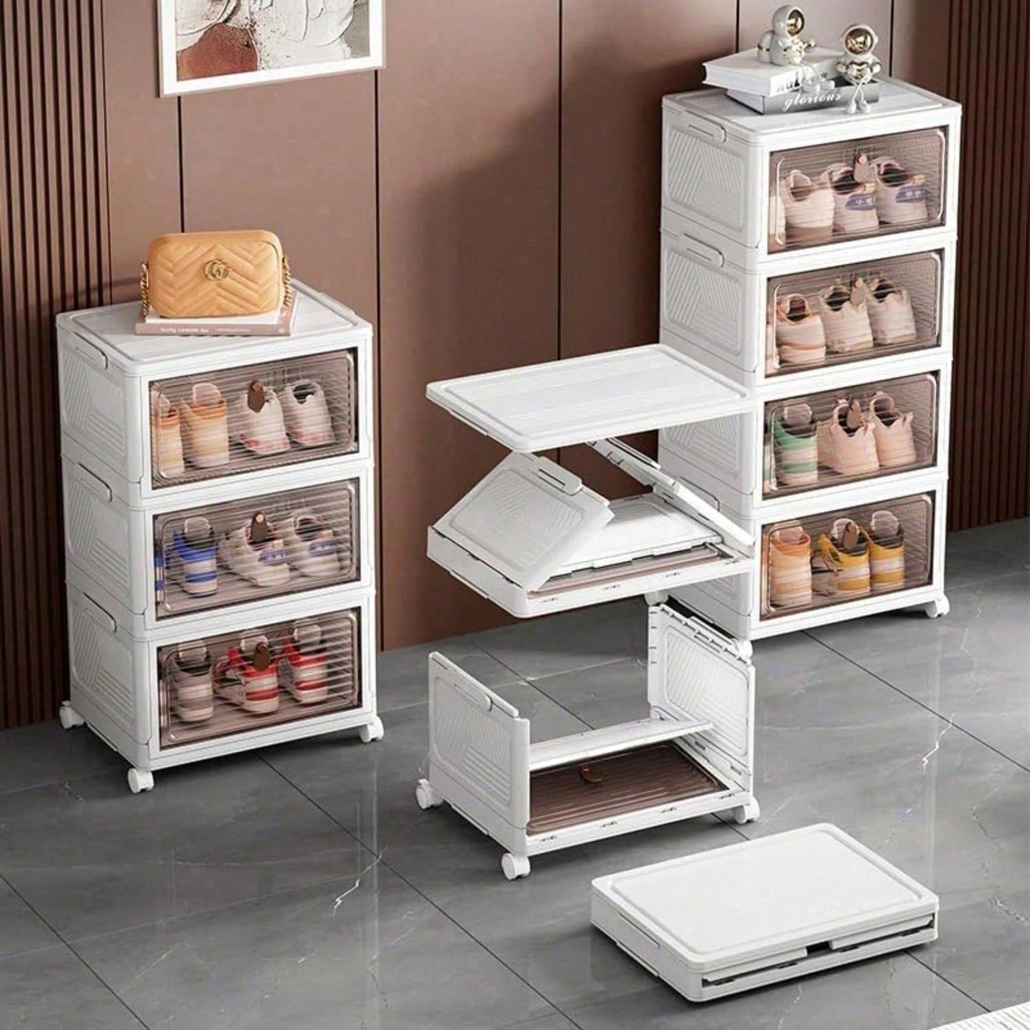 Stackable Shoe Storage Rack, Plastic Cabinet With Clear Doors For