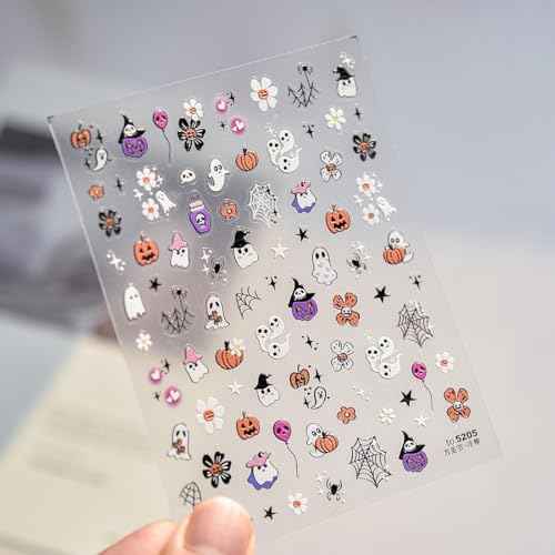 5D Embossed Halloween Nail Art Stickers Cute Ghost Nail Decals Self-Adhesive Pumpkin Skull Flower Spider Web Nails Design Stickers Halloween Nails Supplies for Women Holiday Manicure Decorations