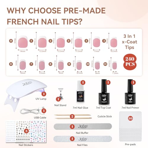 Jofay Fashion French Tip Kit, Press On Nails 240Pcs Spring Pink Square Short, Pre-Base & Pre-made Tips, Acrylic Glue on Nails
