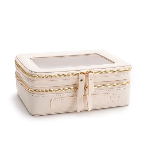 Aveniee Large Clear Makeup Bags, Double Layer Cosmetic Bags with Separate Brush Compartment, Travel Toiletry Bag Cosmetic Train Case, Travel Accessories Organizer for Women(2 Layers, White)