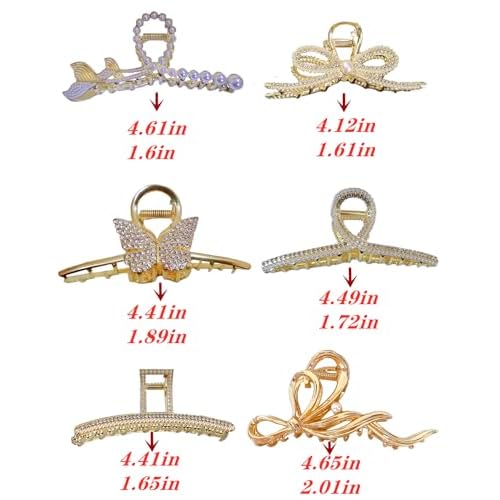 Large Pearl Rhinestone Metal Hair Claw Clips for Thick Hair - Nonslip, Strong Hold, Gold (6 Pcs)