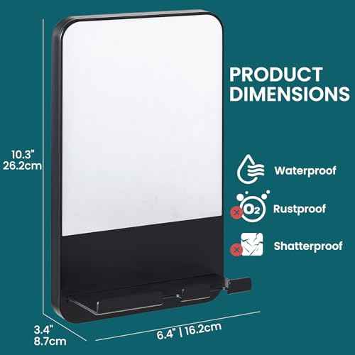 TAILI Shower Mirror Fogless Suction, Shaving Mirror with Razor Holder, Fog Free with Storage Tray, Rust-Proof, Shatterproof, Removable, Bathroom & Shower Accessories, Black