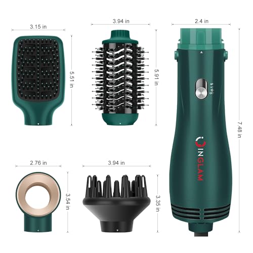 IG INGLAM Hair Dryer Brush, 4-in-1 Detachable Blow Dryer Brush, Ionic Diffuser Hair Dryer & Styler Volumizer with Oval Titanium Barrel, One-Step Hot Air Blowout Styler, Dark Green