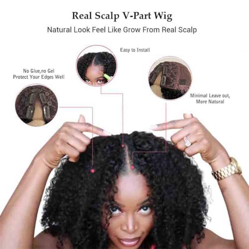 Afro Kinky Curly V Part Wig Human Hair Brazilian Virgin Upgrade U Part Wigs Glueless Afro Curly 180 Density Vpart Wig No Leave Out For Black Women 16Inch
