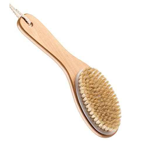 100% Natural Boar Bristle Body Brush with Contoured Wooden Handle for Dry Brushing Exfoliating Wooden Shower Brush for Smooth Glowing Skin by Touch Me