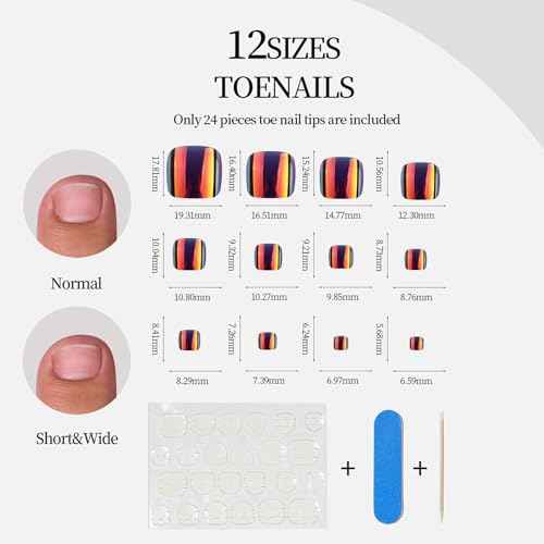 24PC Chrome Press on Toenails for Women Fake Toe Presson Nails Toe Nail Press ons with Sticky Tabs, 12 Size Fake Toenails Stick ons Acrylic Toes Nail Tips Kit Chrome Stick on Toes Nails-F