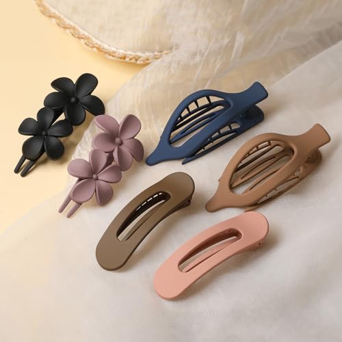6 PCS Flat Hair Clips, French Lay Flat Claw Clips for Women Girls, 3 Styles Strong Hold Non-slip Matte Hair Claws for Thin Thick Hair(Navy&Brown)