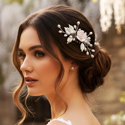 Gorais Flower Bride Wedding Hair Comb Pearl Bridal Hair Pieces Leaf Hair Accessories for Women and Girls (a-silver)