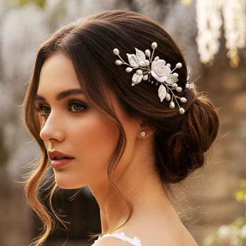 Gorais Flower Bride Wedding Hair Comb Pearl Bridal Hair Pieces Leaf Hair Accessories for Women and Girls (a-silver)