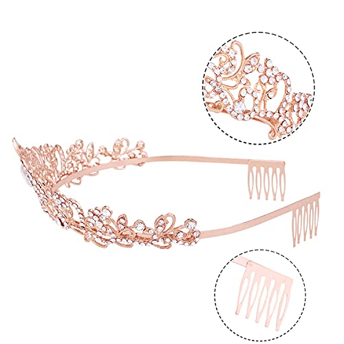 Crowns for Women, Rose Gold Tiara Crystal Rhinestone Hair Accessories for Princess Queen Ladies Little Girls Adult Bridal Bride Birthday Wedding Pageant Prom Halloween Costume Party with Combs