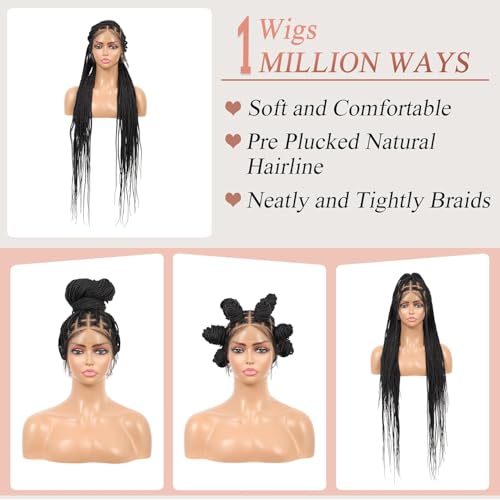 Lexqui 36'' 360¡Æ HD Full Lace Knotless Braided Wigs for Women Box Braid Wig with Baby Hair Premium Synthetic Braided Lace Front Wigs Natural Black