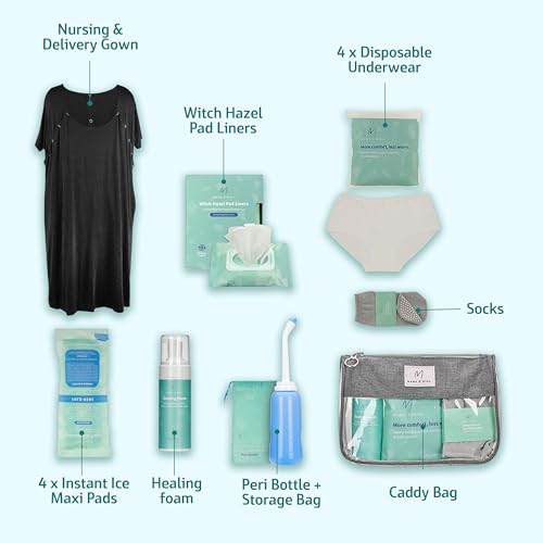 Mama & Wish® Postpartum Essentials Kit (14-Piece) - Includes Hospital Post Partum Essentials for Women After Birth, Labor and Delivery Gown, Peri Bottle, Witch Hazel Foam, Pad Liners & More!