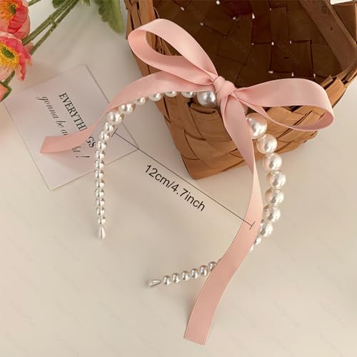 AUOCATTAIL 2 Pcs Pearl Bows Streamer Headbands French Retro Temperament Gentle Pink Bow Ribbon Hair Hoop Hair Accessories Headdress for Women Girls