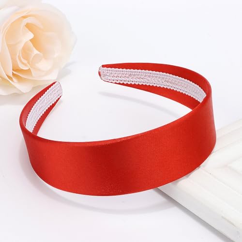 AHONEY Red Headband for Women Girls Satin Silk Headband Non Slip 1.57" Wide Plain Head Band Solid Hair Band DIY Halloween Costume Holiday Christmas Hair Accessories Gifts