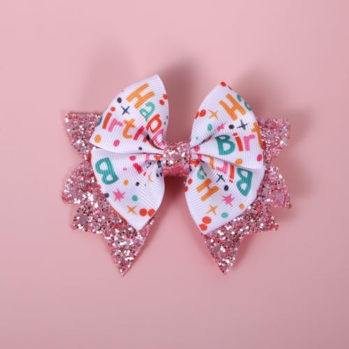 3.5" Birthday Bow Hair Clips for Girls 1 2 3 4 5 6 Years Glitter Pink Ribbon Bowknot Barrettes Alligator Pins for Teens ToddlerKids Happy Birthday Party Dress Decor Accessories Gift