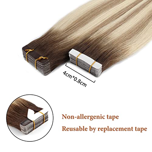 Lovrio Tape in Hair Extensions Human Hair Color Walnut Brown Roots to Light Chestnut Brown with Bleach Blonde 22 Inch 50g Real Hair Extensions Tape in Extensions 20pcs