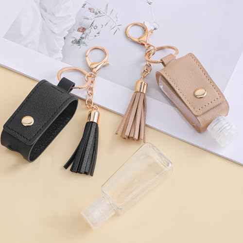 2 Pcs Portable Handwashing Fluid Holder Bottles with Keychain, Refillable Travel Size 1oz/30ml Squeeze Containers for Toiletry, Lotion, Liquid Soap, Shampoo (Black+Khaki)