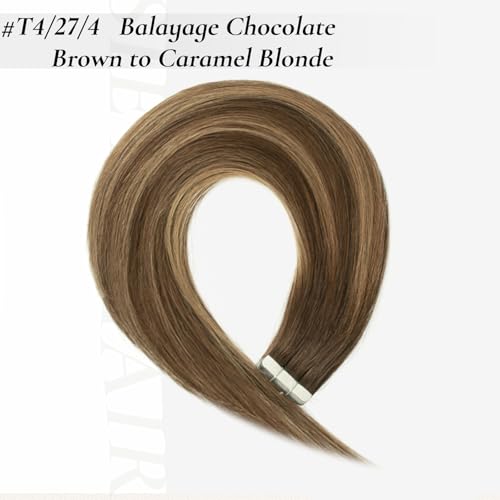Tape in Hair Extensions Human Hair, 20pcs 50g 20 Inch Tape in Hair Extensions,Balayage Chocolate Brown To Caramel Blonde,Invisible Remy Silky Straight Natural Thick Real Human Hair Extensions