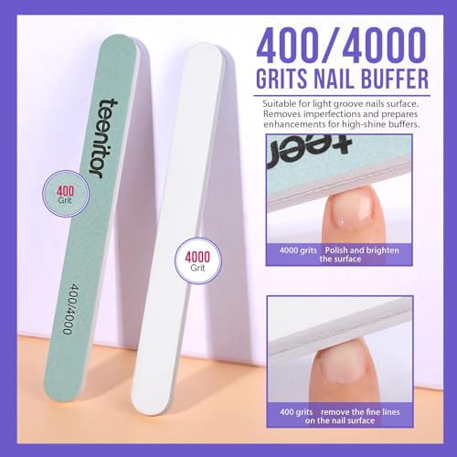 Teenitor Nail Polish Gel Remover Tools Kit with Nail Clips Nail Remover Pads Cuticle Pusher Nail Brushes Nail File Grits 120/180 Buffer Block Grits 400/4000, 6 Pack Purple