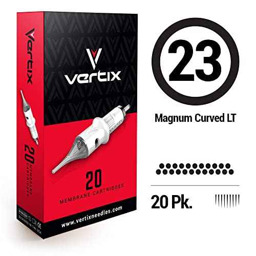 Vertix - 23 Magnum Curved - Pack of 20 Membrane Tattoo Machine Cartridges - Transparent Detachable Tip, Minimize Tattoo Pen Machine Vibration