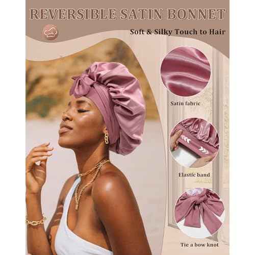 Reversible Satin Bonnet for Sleeping Women Double Layer Hair Bonnet with 2PCS Hair Scrunchies Elastic Tie Band Night Cap