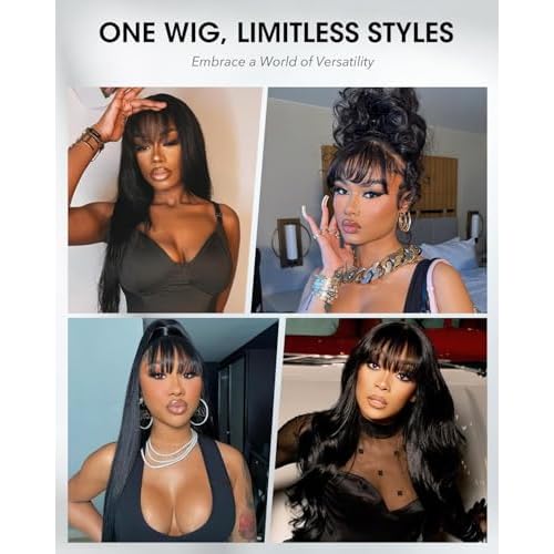 Straight Human Hair Wig with Bangs 4x6 Lace Closure Bang Wig 100% Burmese Virgin Human Hair Beginner Friendly Ready to Wear Glueless Wigs for Women 16 Inch