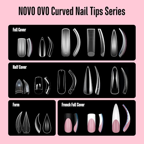 NOVO OVO Halloween XXL Curved Stiletto Almond French Tip Nail Tips Press on, BERRY PINK Full Cover Extra Thick Long XL Acrylic Hawk Curve Fake Extension Kit, Need Builder Gel, for DIY 12 Sizes 144 pcs