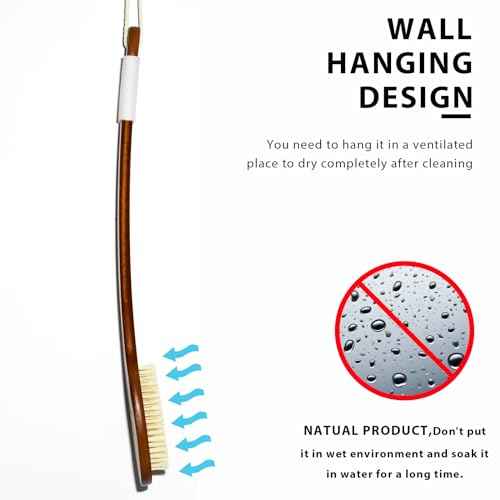 ICANdOIT-17.71Inch Natural Boar Bristles Anti-Slip Long Handle Bath Brush,Bent Handle Shower Scrubber for Exfoliating,Shower Back Brush,Exfoliation Set with Pumice Stone (1 Pack)