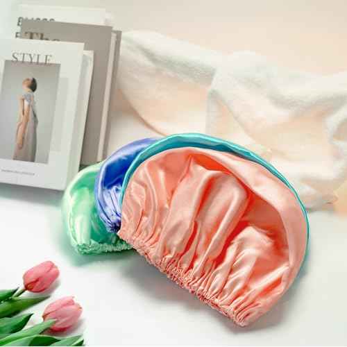 AmazerBathShower Cap, 4 PCS Shower Caps for Women Reusable Waterproof, Double Layers Hair Cap for Shower, Elastic and Flexi Bath Caps, Environmental Protection Bathing Hat for Adult Kids