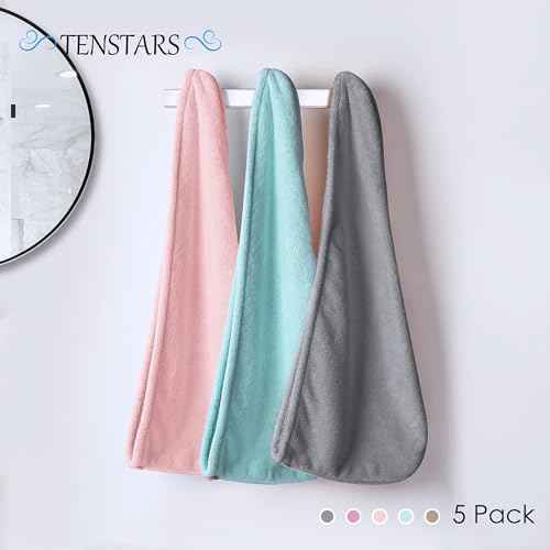 TENSTARS 5 Pack Thicken Microfiber Hair Towel Wrap for Women - Elastic Loop Design - 320GSM Coral Velvet - Quick Dry Hair Turban - 11x28 Inch (Grey+Pink+Brown+FrozenBlue+FrozenBerry)