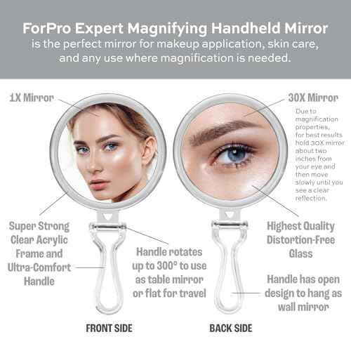 ForPro Professional Collection Expert 30X Magnifying Handheld Mirror, Double-Sided Hand Mirror with Folding Adjustable Handle for Makeup, Travel, Clear