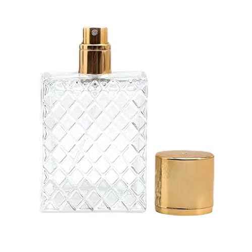 Enslz 100ml/3.4Oz Clear Glass Fine Mist Atomizer,Portable Square Refillable Empty Perfum Spray Bottle Travel Atomizer Bottle Gold Cap