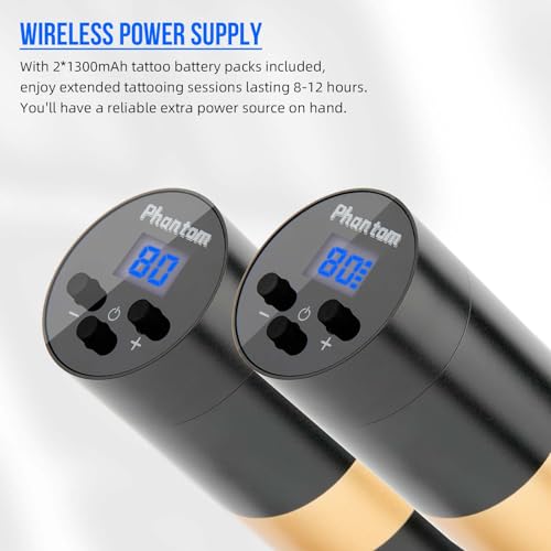 Dragoart Phantom Wireless Tattoo Machine, 2 * 1300mAh Battery Power Supply LED Screen, Coreless Motor, Professional Tattoo Machine Gun for Wireless or Wired RCA (3.5mm Stroke, Red)