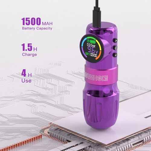 Wormhole Tattoo Gun Kit Wireless Tattoo Kit Tattoo Machine with Digital LED Display, 1,500 mAh Capacity Battery, Normal/Jump-Start/Dot Working Mode, 20Pcs Tattoo Needles Tattoo Pen Kit-Purple