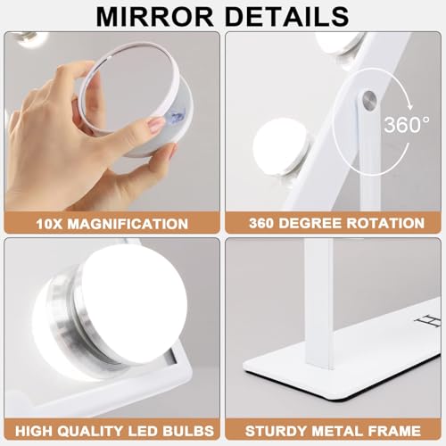 Hansong Lighted Vanity Mirror with Bluetooth Speaker and Wireless Charging Makeup Mirror with Lights 9 Dimmable Bulbs Lighted Makeup Mirror 3 Color Lighting Tabletop (White)