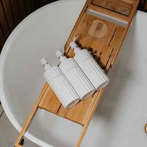 Stylish Shampoo and Conditioner Dispenser Set of 3 - Modern 19oz Shower Soap Bottles with Pump and Labels - Easy to Refill Body Wash Dispensers for an Instant Bathroom Decor Upgrade