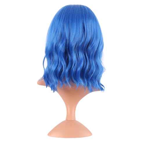 MapofBeauty 14 Inch/35 cm Short Wavy Curly Women Fresh Bright Synthetic Ordinary Flat Bangs Bob Wig (Blue)