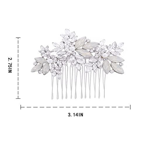 Foyte Crystal Wedding Hair Comb Leaf Bride Headpiece Silver Rhinestone Opal Hair Piece Bridal Side Hair Accessories for Women
